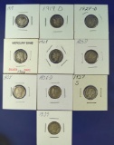 10 Mercury Dimes 1918,1919-D,1924-D,1926,1928,1929-D,1934,1936-D,1937-S & 1939 VG-XF