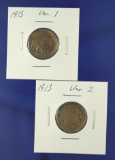 1913 Variety 1 and 2 Buffalo Nickels VF-XF