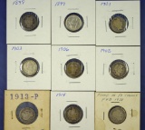 1898, 1899, 1901, 1903, 1906, 1908, 1913, 1914 and 1915 Barber Dimes AG-VF