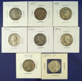 8 Different Washington Silver Qtrs 1932, 1937, 1940, 1942-S, 1944-S, 1945-S, 1948 & 1951 G-AU
