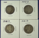 1900, 1908-O, 1915-D and 1916-D Barber Quarters AG-G