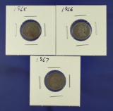 1865, 1866 and 1867 Three Cent Nickels VG-F