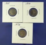 1865, 1870 and 1873 Three Cent Nickels VG-VF Details