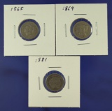 1865, 1869 and 1881 Three Cent Nickels VG-F