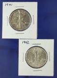 1941 and 1942 Walking Liberty Half Dollars AU