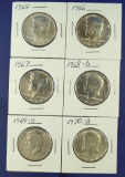 1965, 1966, 1967, 1968-D, 1969-D and 1970-D Kennedy 40% Silver Half Dollars AU-BU