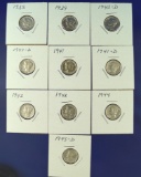 10 Mercury Dimes 1935,1939, 2-1940-D, 1941, 1941-D,1942, 1943, 1944&1945-D XF-AU Details