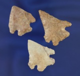 Set of three Flint Ridge Flint Ohio Pentagonal points, largest is 1 5/8