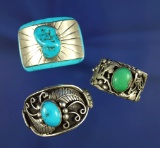 Set of 3 Vintage Turquoise and Silver Hair Ornaments.