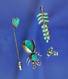 Set of 4 Vintage Silver and Turquoise earring, broaches, and a pin.
