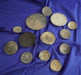 Large group of 13 assorted pottery plates and lids from the southwestern U.S. Largest is 3 9/16