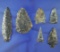 Set of six assorted Coshocton Flint arrowheads and knives found in Ohio. Largest is 3 1/2