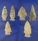 Set of six assorted arrowheads found in Michigan. Largest is 2 5/16