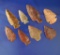 Set of eight assorted Mississippi arrowheads, largest is 2 3/16