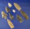 Set of nine assorted Midwestern arrowheads and knives, largest is 2 5/8