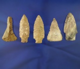 Set of five Midwestern arrowheads, nice condition. Largest is 2 3/8