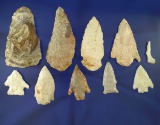 Set of 10 assorted Midwestern arrowheads and knives, largest is 3 1/8