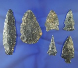 Set of six assorted Coshocton Flint arrowheads and knives found in Ohio. Largest is 3 1/2