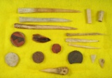 Group of artifacts found near Witch Well, Eastern Arizona including pottery discs, bone awls, Etc.