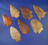 Set of seven assorted Mississippi arrowheads, largest is 2 1/2