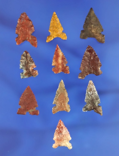 Set of 10 assorted arrowheads found in northern California, largest is 13/16".
