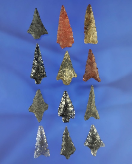 Set of 12 assorted arrowheads found in northern California, largest is 1 1/4".