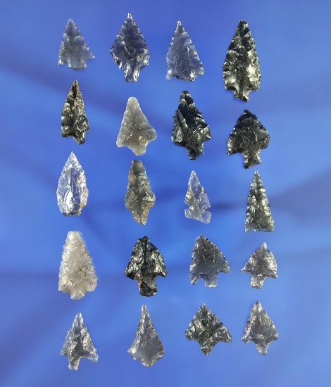 Set of 20 assorted obsidian arrowheads in various conditions, largest is 15/16". California.