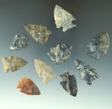 Group of 10 assorted arrowheads found in Michigan, largest is 1 3/8