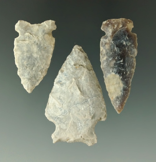 Set of 3 heavily patinated Knife River Flint arrowheads found in the High Plains.