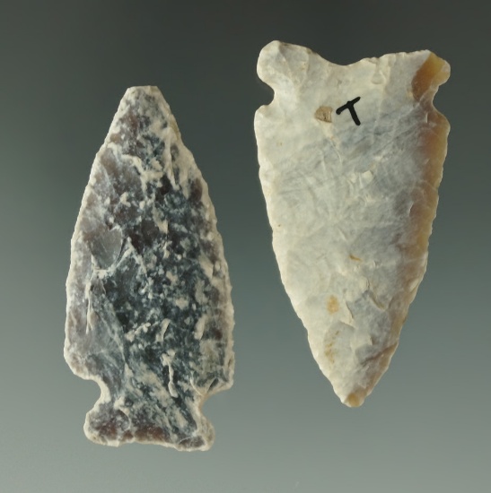 Pair of heavily patinated Knife River Flint Arrowheads found in the High Plains, largest is 2".