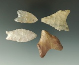 Set of four very nice arrowheads found in the Kansas area, largest is 1 13/16