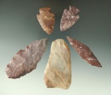 Set of five Alibates Flint points and knives, largest is 3 1/4