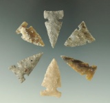 Set of six Sidenotch arrowheads found in the Dakotas, largest is 1 1/4