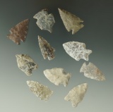 Set of 10 nicely patinated arrowheads found in the Dakotas.