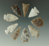 Set of nine assorted arrowheads found in the Dakotas, largest is 1 1/4