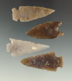 Set of four beautifully translucent high-grade Flint arrowheads found in the Dakotas.