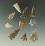 Set of 10 assorted arrowheads found in the High Plains, largest is 1 3/8