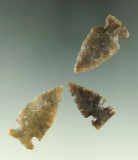 Set of 3 arrowheads made from attractive well patinated semi-translucent Flint, Dakotas.