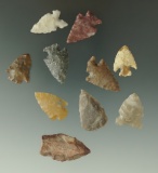 Set of 10 arrowheads found in Colorado by Louis Brunke, largest is 1 1/4