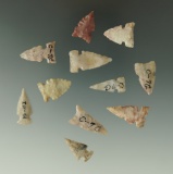 Set of 11 Kansas area arrowheads, largest is 1