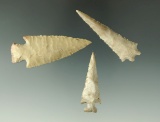 Set of three exceptional Texas and Oklahoma arrowheads, largest is 2 7/16