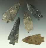 Set of five assorted arrowheads found in Ohio, largest is 3