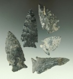 Set of five assorted Coshocton Flint arrowheads found in Ohio, largest is 2 3/4