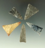 Set of five Madison Triangle points found in Ohio, Ex. Copeland, Grover Brown collections.