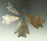 Set of four nice Bifurcate Base arrowheads found in Ohio, largest is 2 7/16