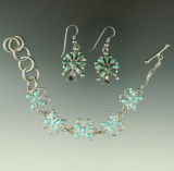 Set of attractive silver and turquoise earrings and bracelet