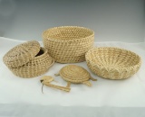 Set of five assorted contemporary Popago Indian baskets and effigies. Very nice display items.