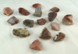 Set of 15 colorful Flint Ridge Flint Hopewell Cores found in Ohio, largest is 1 3/4.