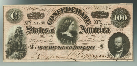 Confederate Feb. 17th 1864 100 Dollar Note AU