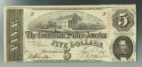 Confederate April 6th 1863 5 Dollar Note Stamped February 1864 in Red AU